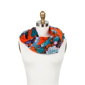 Vibrant Orange and Blue Infinity Scarf with Artistic Patterns
